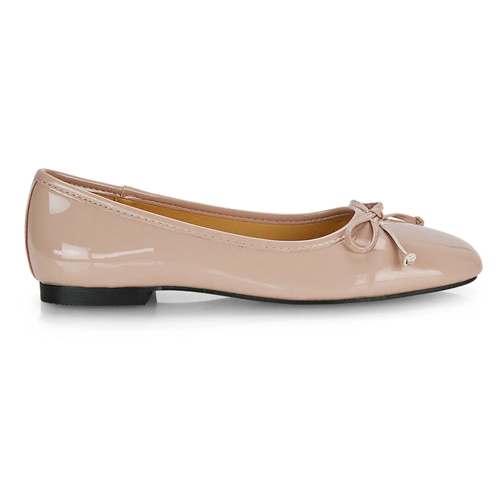 Lizzy Bow Detailing Flat Square Toe Ballerina Pump Shoes in Black PU