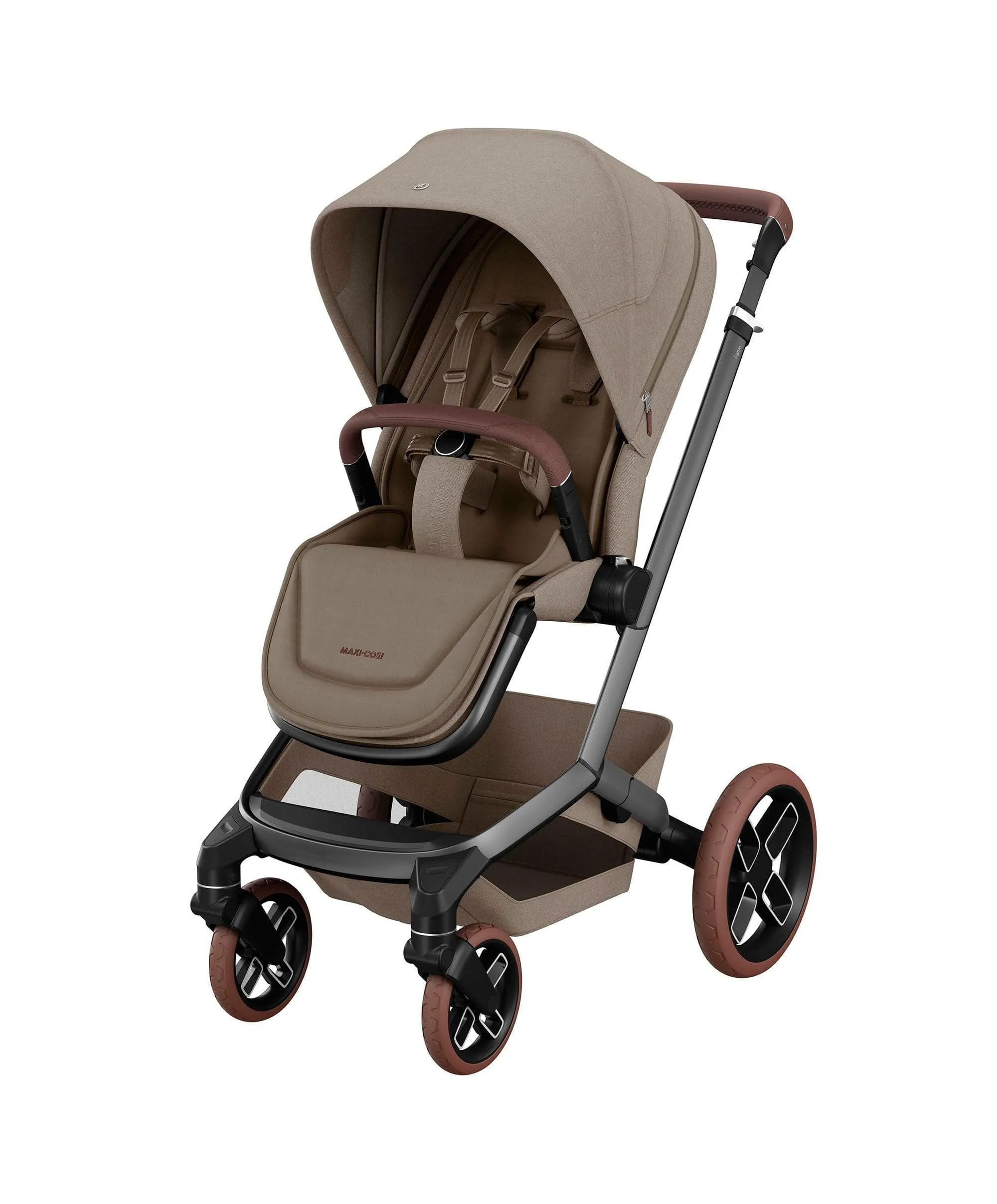 Maxi Cosi Fame Complete Pushchair Bundle with Pebble 360 Car Seat & Base – Truffle with Brown Wheels