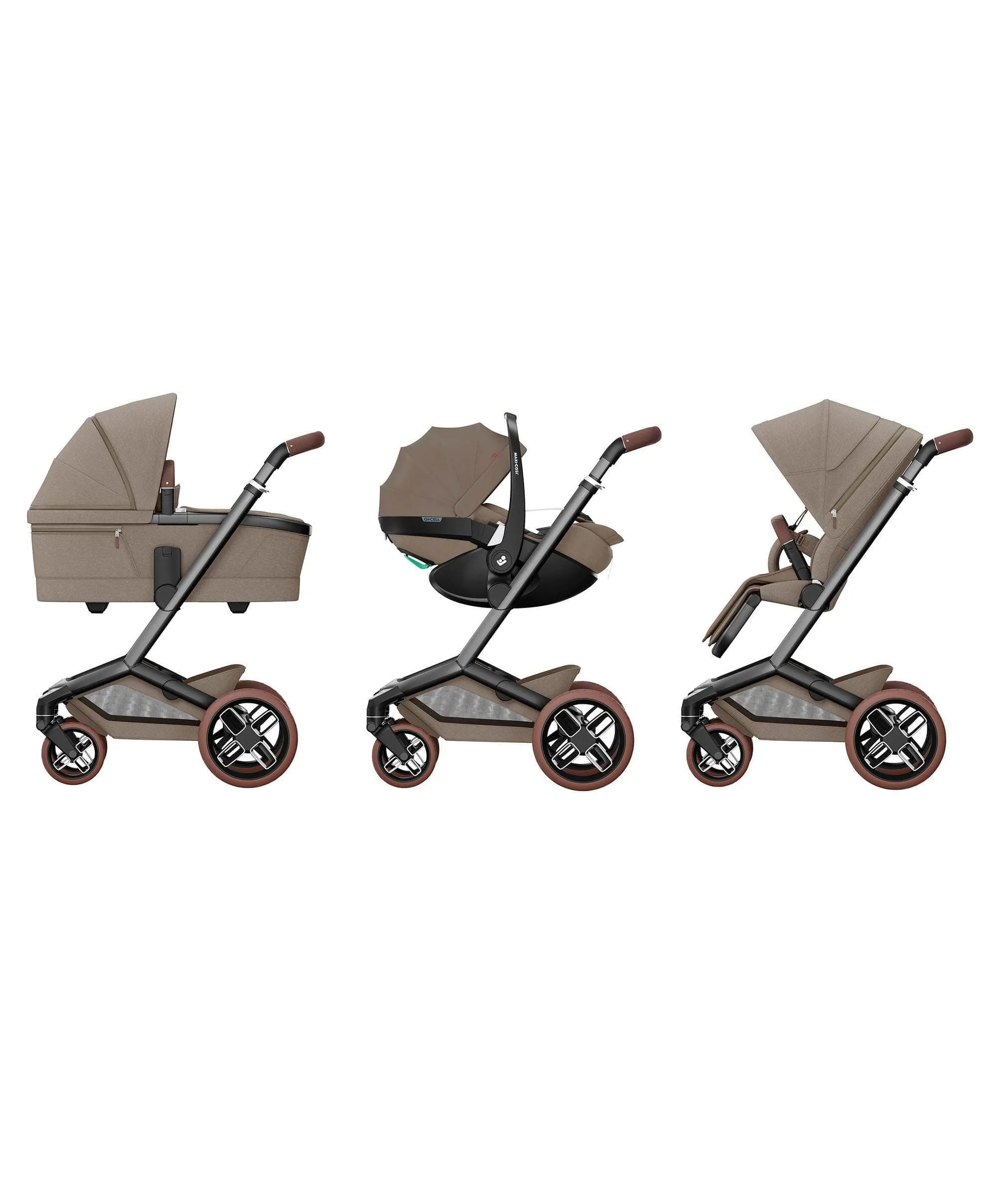 Maxi Cosi Fame Complete Pushchair Bundle with Pebble 360 Car Seat & Base – Truffle with Brown Wheels