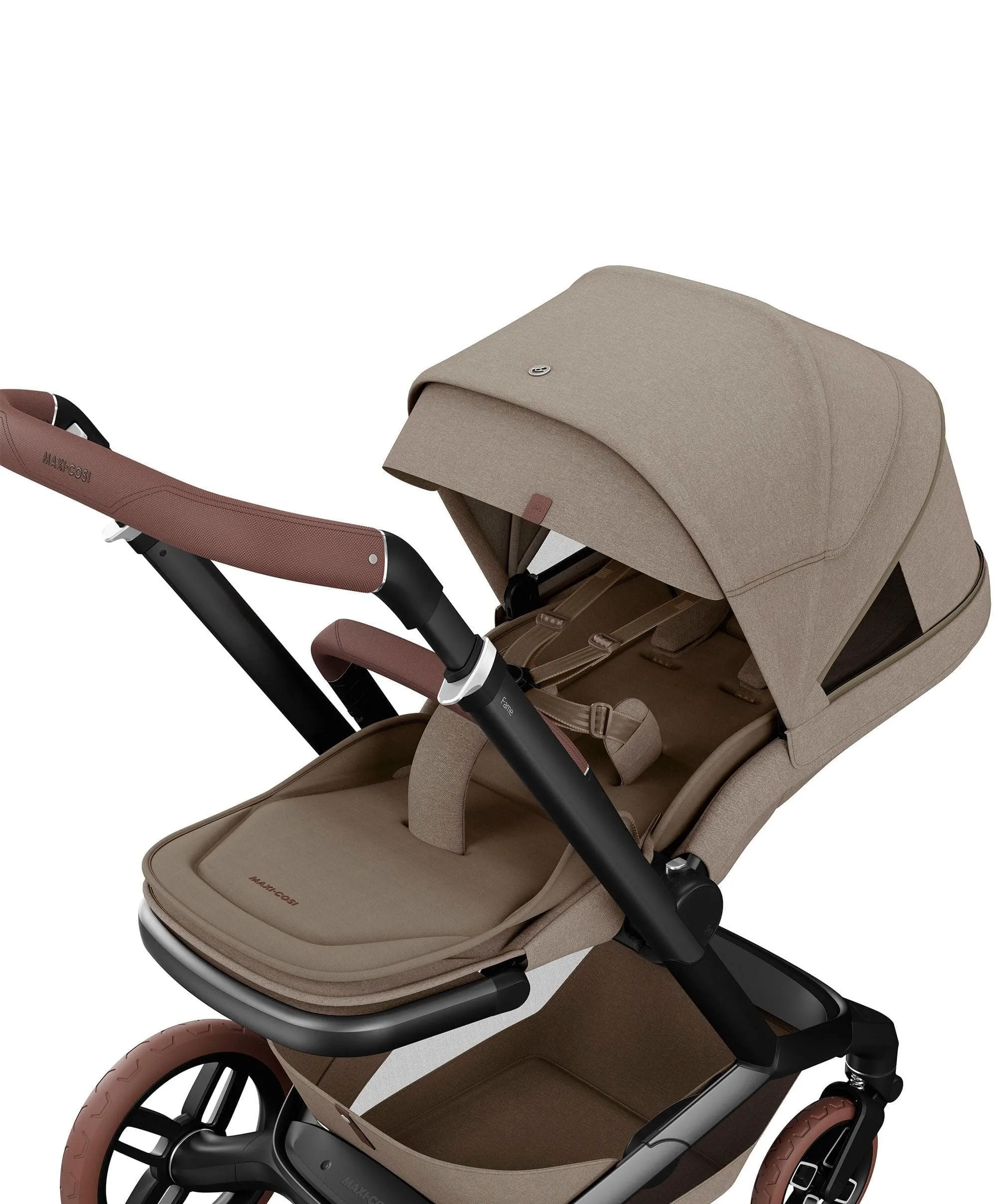 Maxi Cosi Fame Complete Pushchair Bundle with Pebble 360 Car Seat & Base – Truffle with Brown Wheels