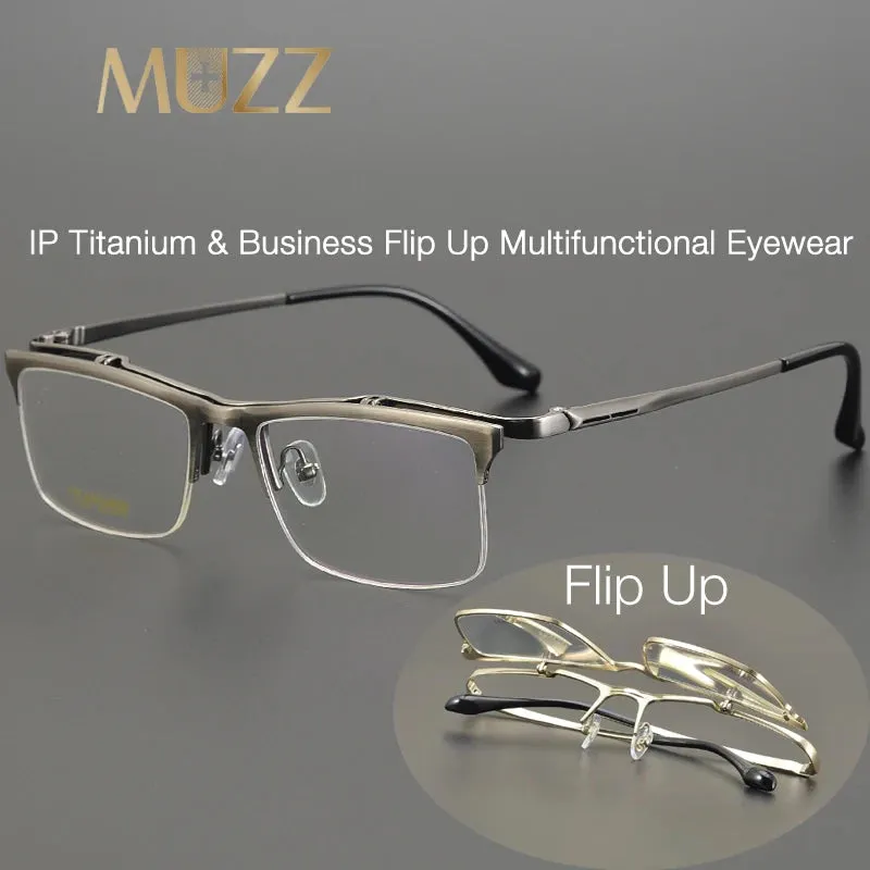 Muzz Men's Semi Rim Square Flip Up Titanium Eyeglasses 6152