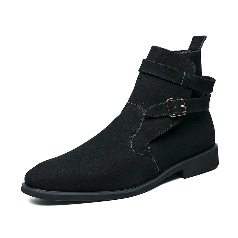 New Green Retro Men's Boots Buckle Design Suede Leather Boots Dress Formal Boots Casual Winter Chelsea Men Shoes botas de hombre