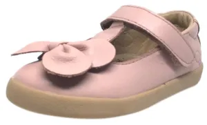 Old Soles Girl's T-Bow Powder Pink Leather Hook and Loop T-Strap Floral Bow Mary Jane Flat Shoe
