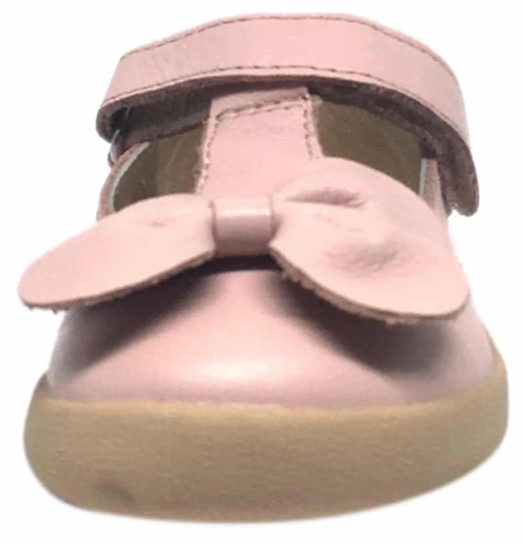 Old Soles Girl's T-Bow Powder Pink Leather Hook and Loop T-Strap Floral Bow Mary Jane Flat Shoe