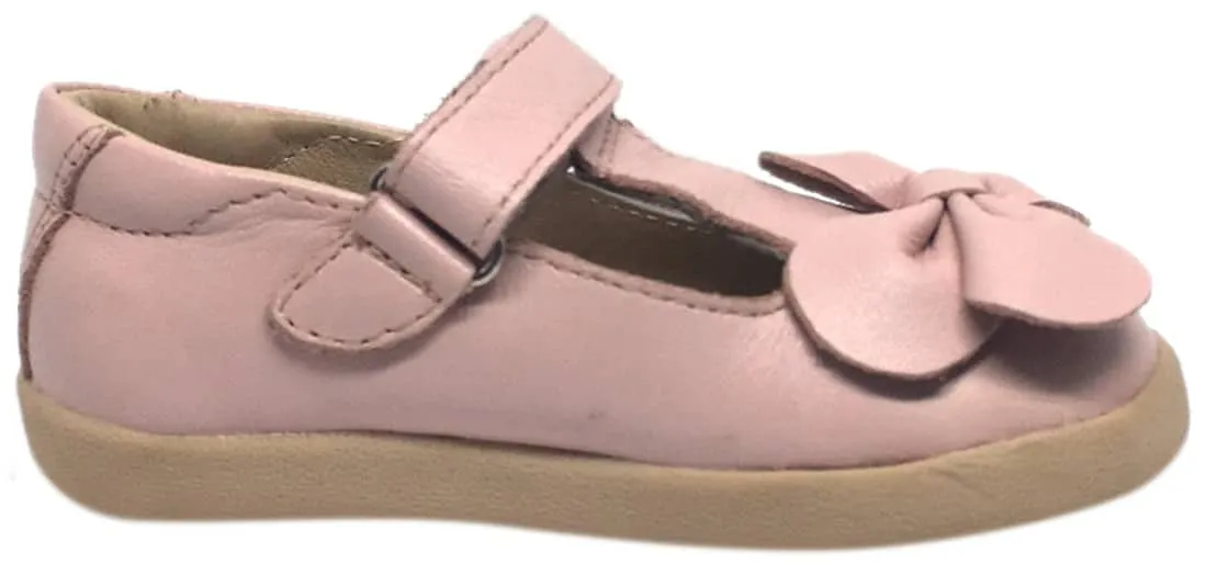 Old Soles Girl's T-Bow Powder Pink Leather Hook and Loop T-Strap Floral Bow Mary Jane Flat Shoe