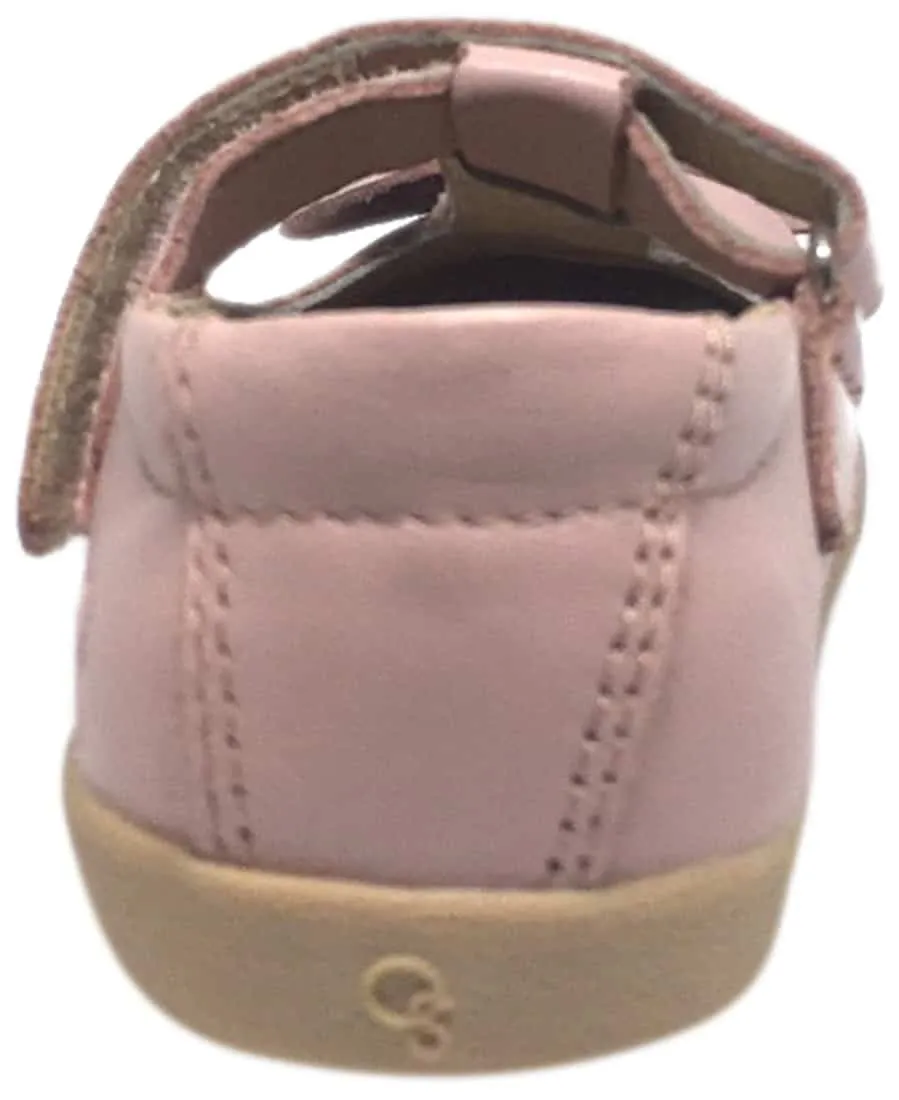 Old Soles Girl's T-Bow Powder Pink Leather Hook and Loop T-Strap Floral Bow Mary Jane Flat Shoe
