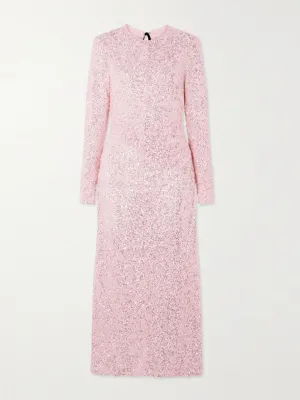 Open-back bow-detailed sequined reycled-tulle maxi dress