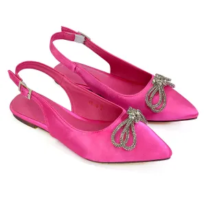 Ossie Slingback Diamante Bow Pointed Toe Ballerina Pump Shoes in Fuchsia