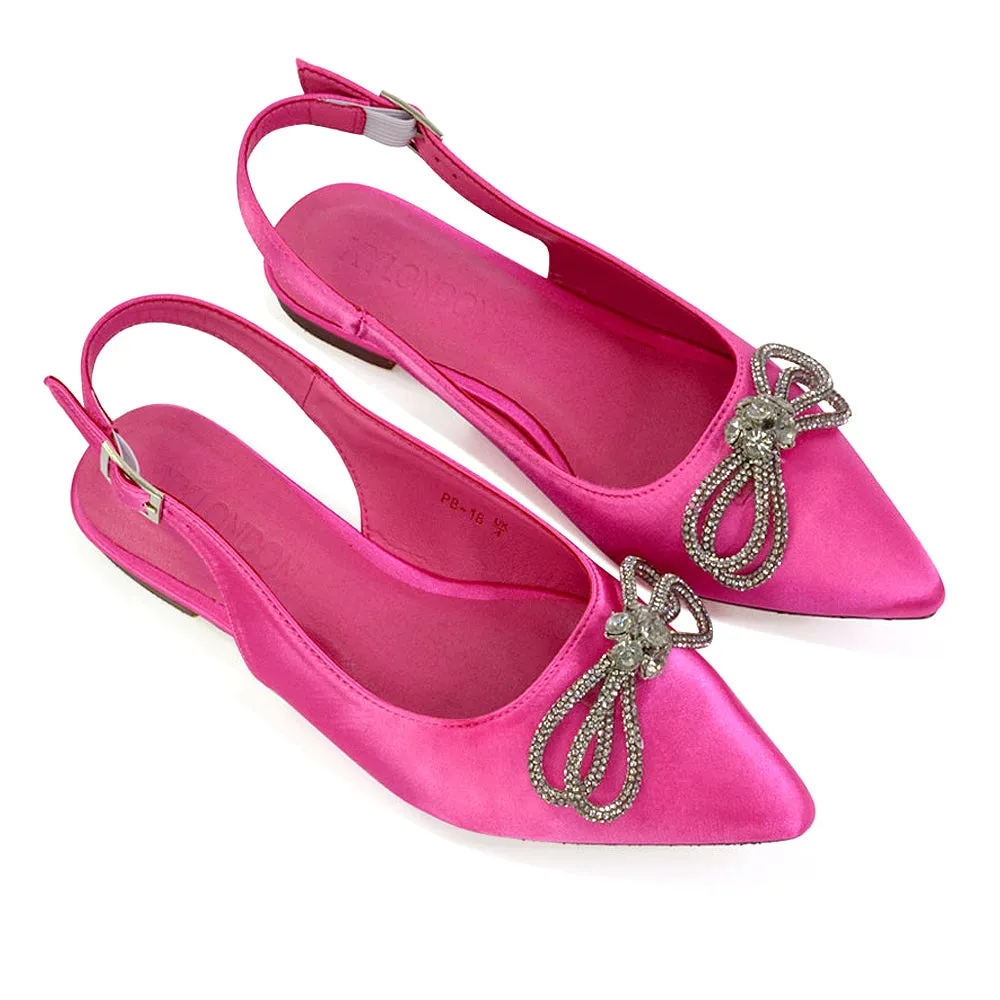 Ossie Slingback Diamante Bow Pointed Toe Ballerina Pump Shoes in Fuchsia