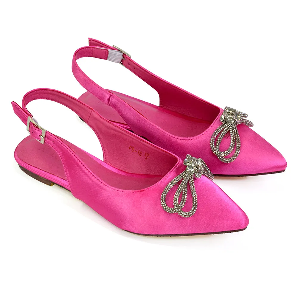 Ossie Slingback Diamante Bow Pointed Toe Ballerina Pump Shoes in Fuchsia