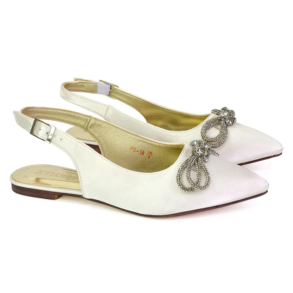 Ossie Slingback Diamante Bow Pointed Toe Ballerina Pump Shoes in Ivory