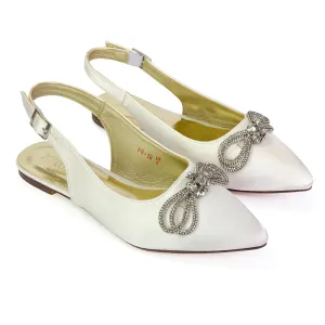 Ossie Slingback Diamante Bow Pointed Toe Ballerina Pump Shoes in Ivory