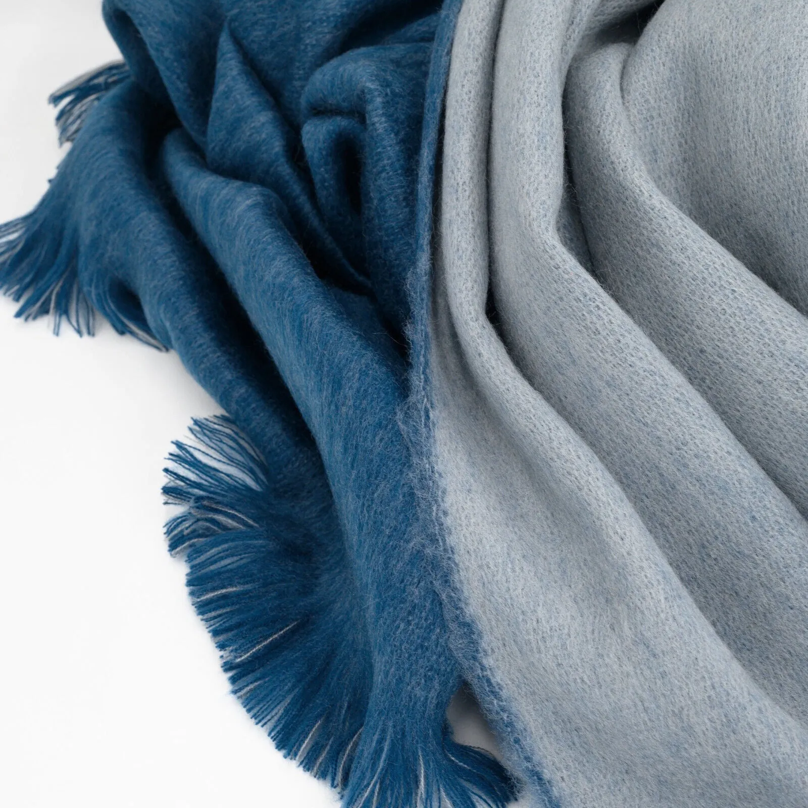 Pantoja - Baby Alpaca Wool Reversible Throw Blanket / Sofa Cover - Queen 98" x 67" - Fringed - Deep Blue/Gray