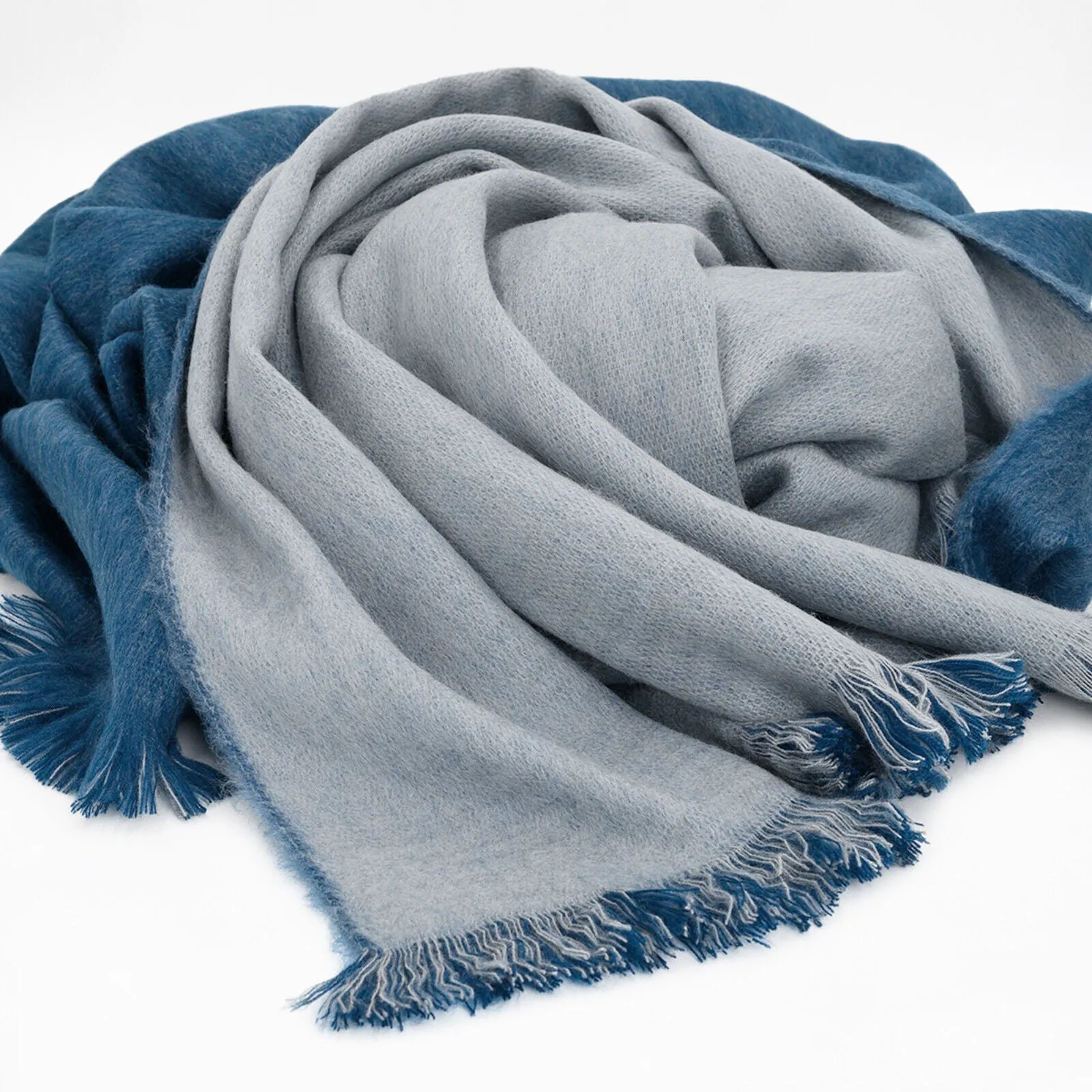 Pantoja - Baby Alpaca Wool Reversible Throw Blanket / Sofa Cover - Queen 98" x 67" - Fringed - Deep Blue/Gray
