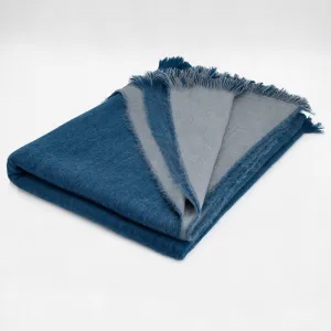 Pantoja - Baby Alpaca Wool Reversible Throw Blanket / Sofa Cover - Queen 98" x 67" - Fringed - Deep Blue/Gray