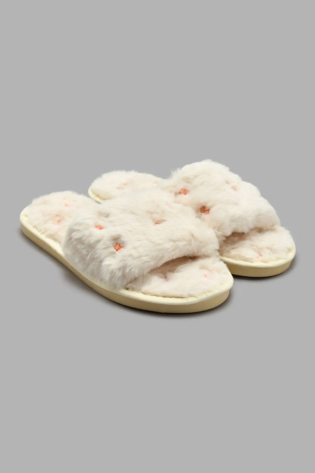 Peach Embroidered Fur Slipper