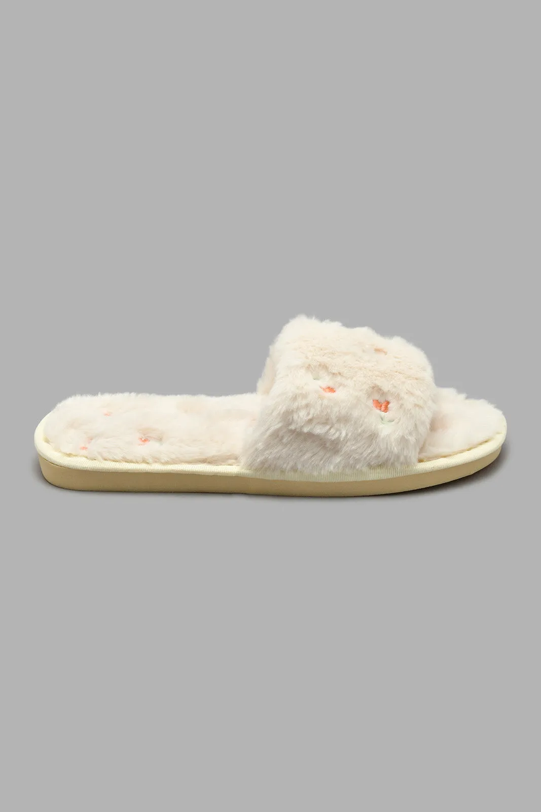 Peach Embroidered Fur Slipper