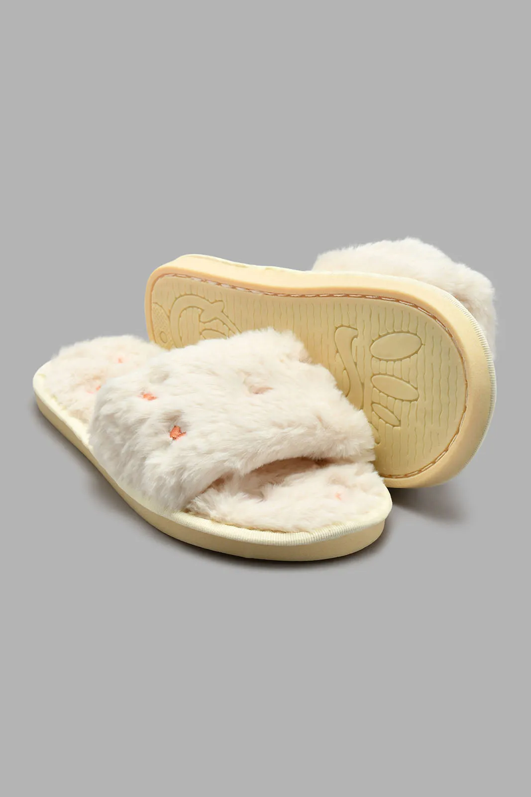 Peach Embroidered Fur Slipper