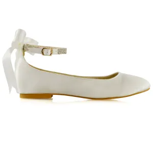 Penelope Bow Detail Diamante Strappy Bridal Wedding Flat Ballerina Bridal Shoes in Ivory Satin