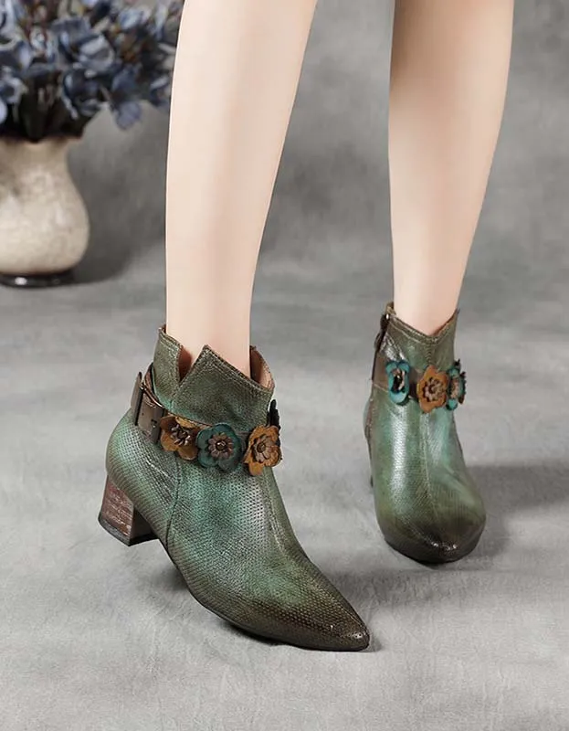 Pointed Toe Flower Vintage Chunky Chelsea Boots
