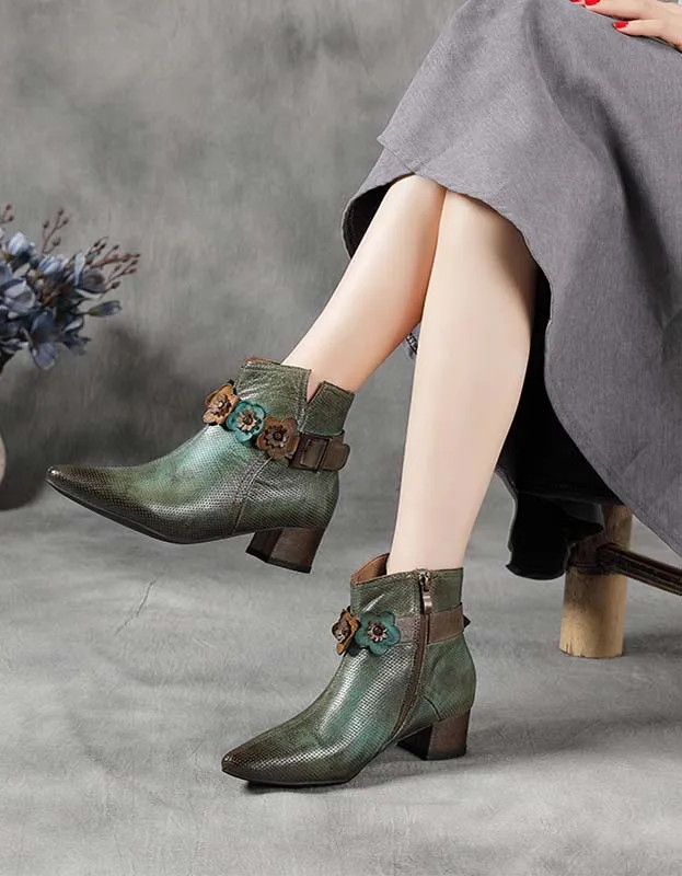 Pointed Toe Flower Vintage Chunky Chelsea Boots