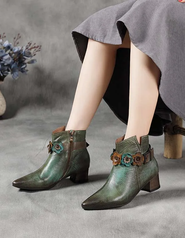Pointed Toe Flower Vintage Chunky Chelsea Boots