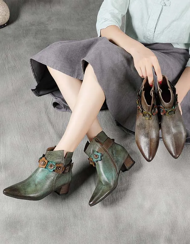 Pointed Toe Flower Vintage Chunky Chelsea Boots