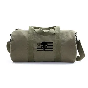 Punisher Skull Three Precenter American Flag Army Sport Heavyweight Canvas Duffel Bag in Olive &