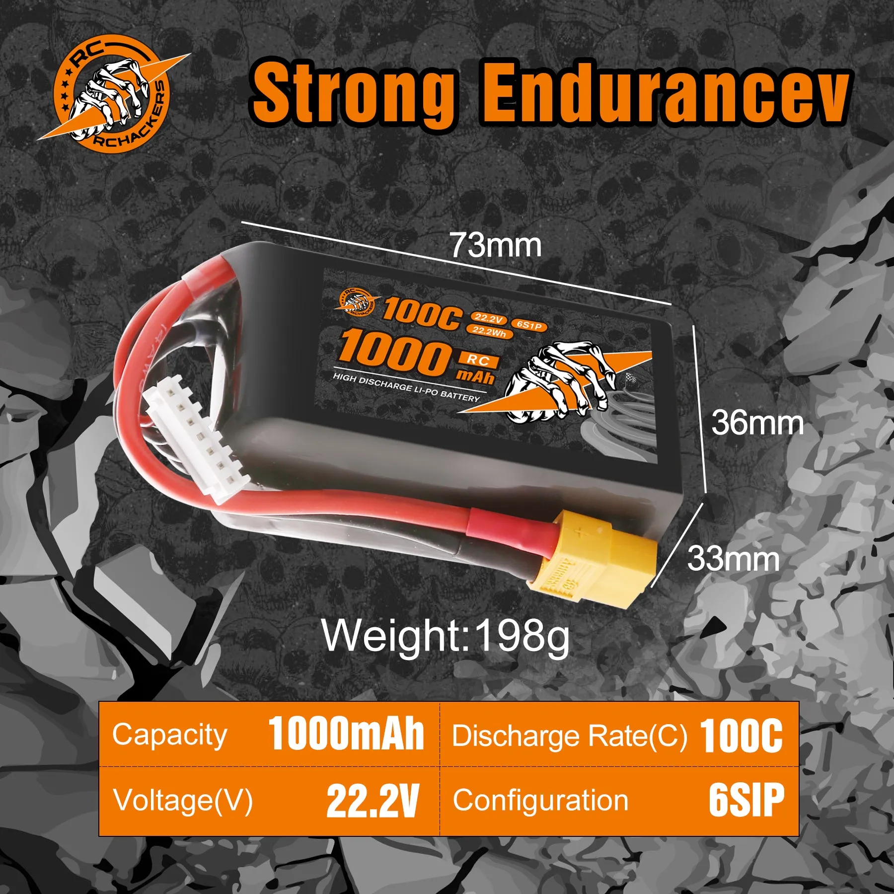 RCHackers 6S 1000mAh 22.2V 100C Lipo Battery with XT60 Plug [2 Packs]