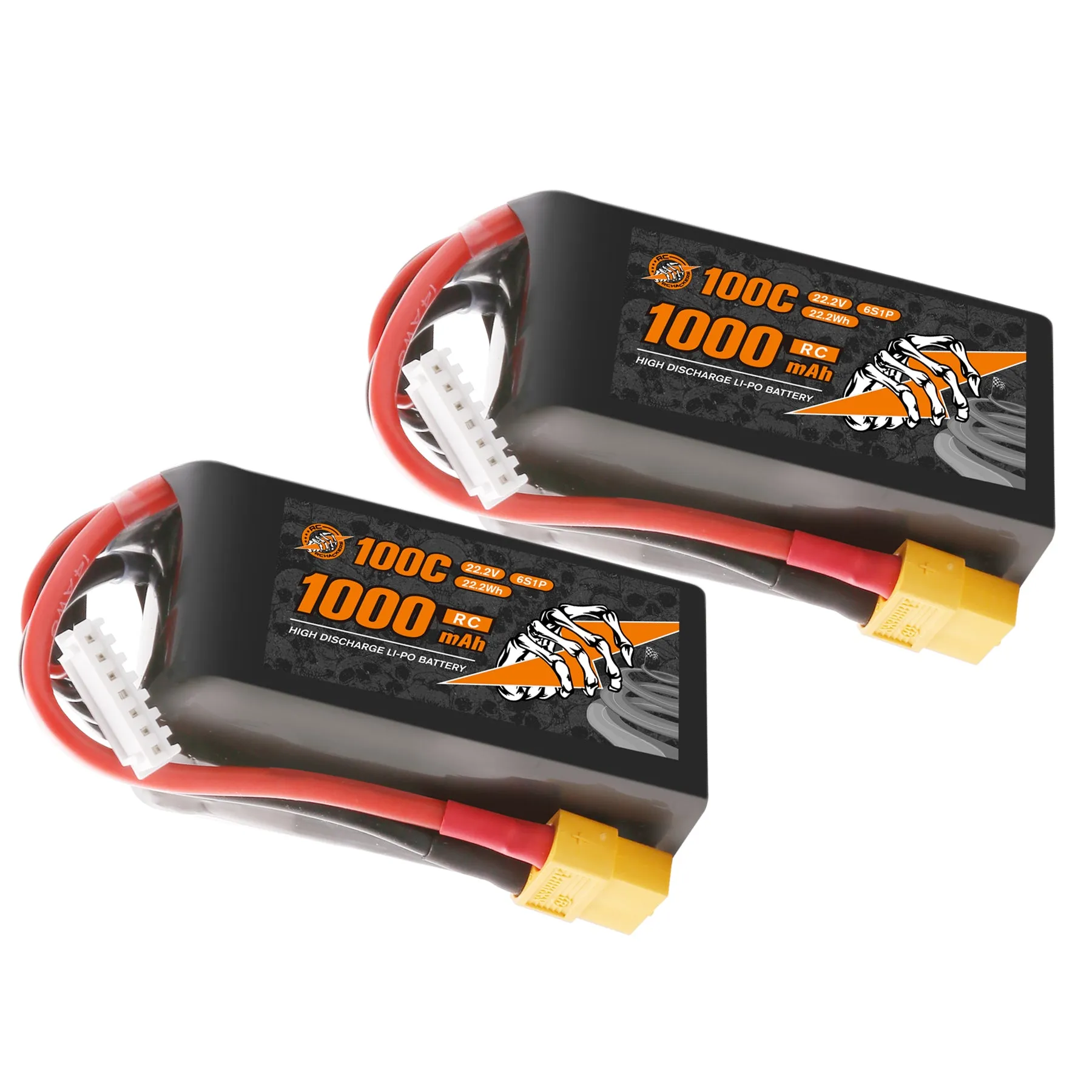 RCHackers 6S 1000mAh 22.2V 100C Lipo Battery with XT60 Plug [2 Packs]