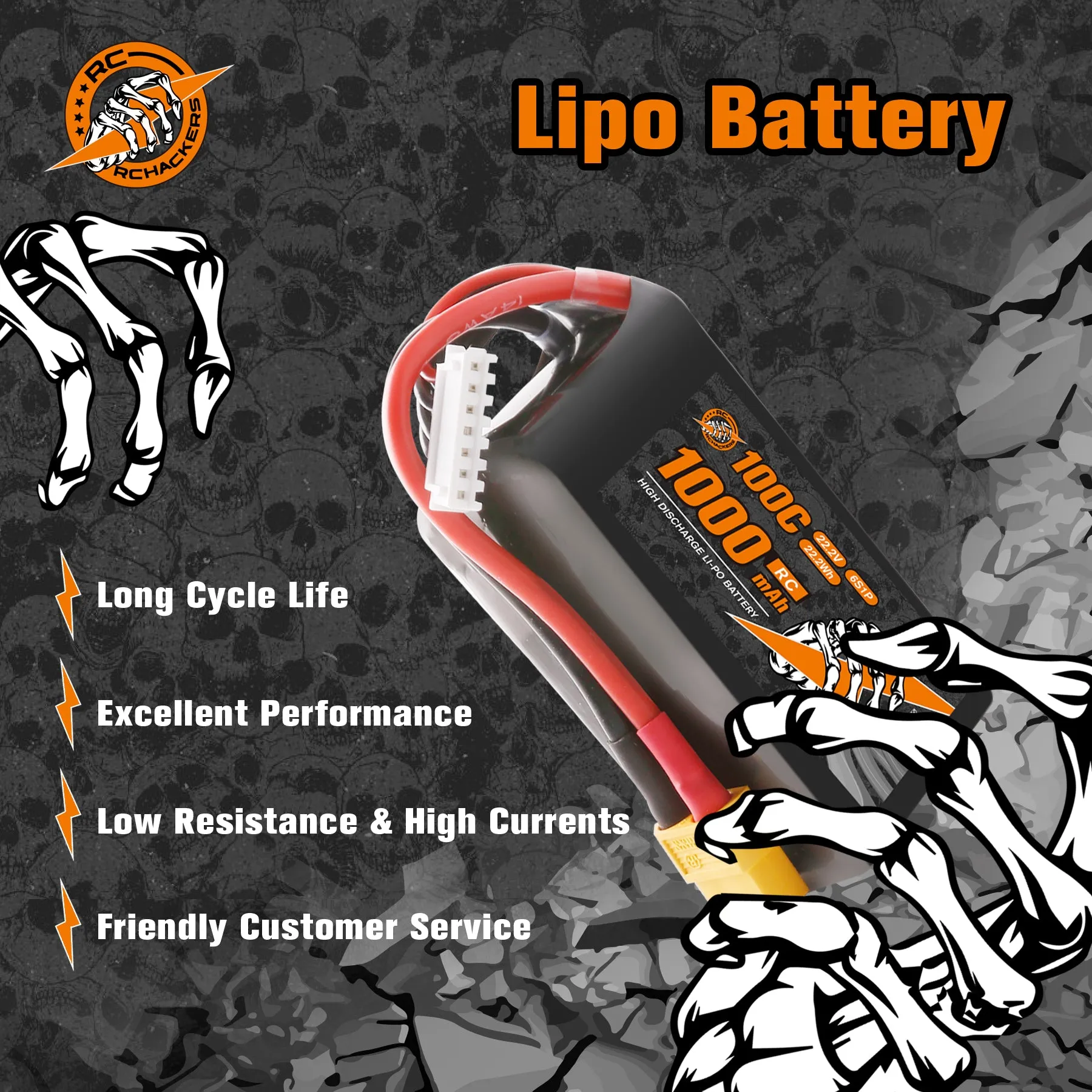 RCHackers 6S 1000mAh 22.2V 100C Lipo Battery with XT60 Plug [2 Packs]