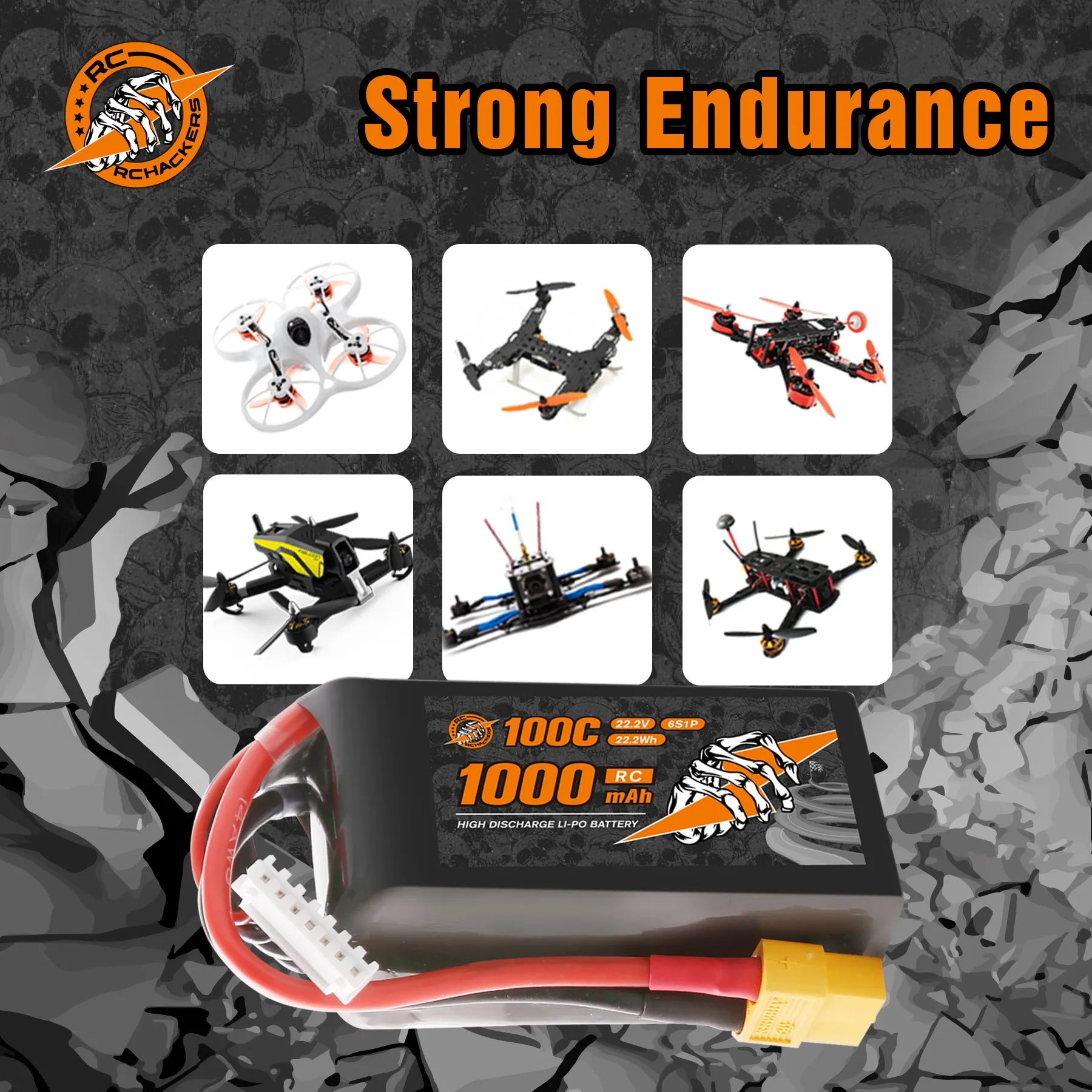 RCHackers 6S 1000mAh 22.2V 100C Lipo Battery with XT60 Plug [2 Packs]