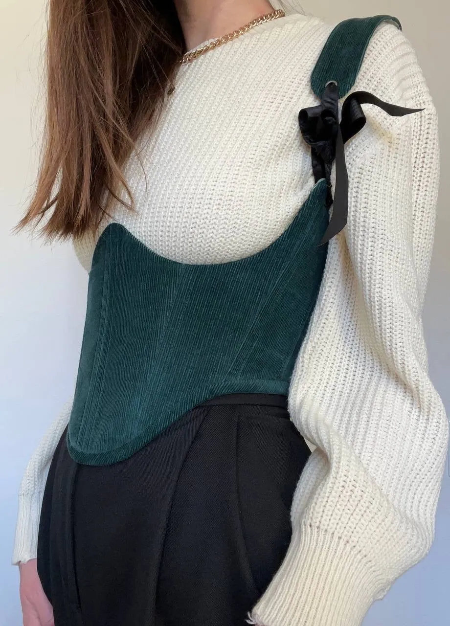 Reversable corduroy Pine green/floral underbust corsage  size S/M