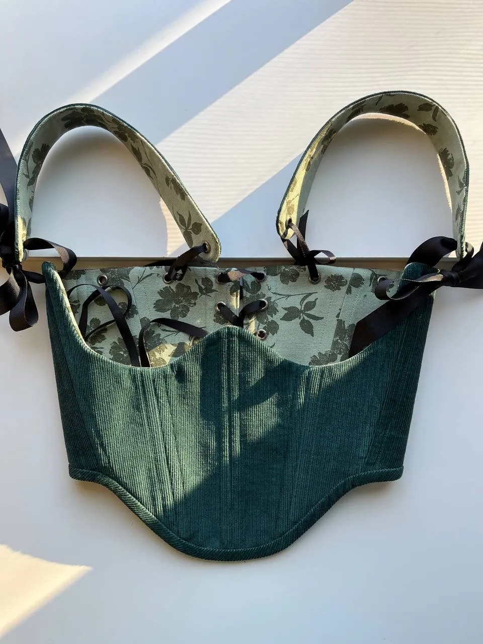 Reversable corduroy Pine green/floral underbust corsage  size S/M