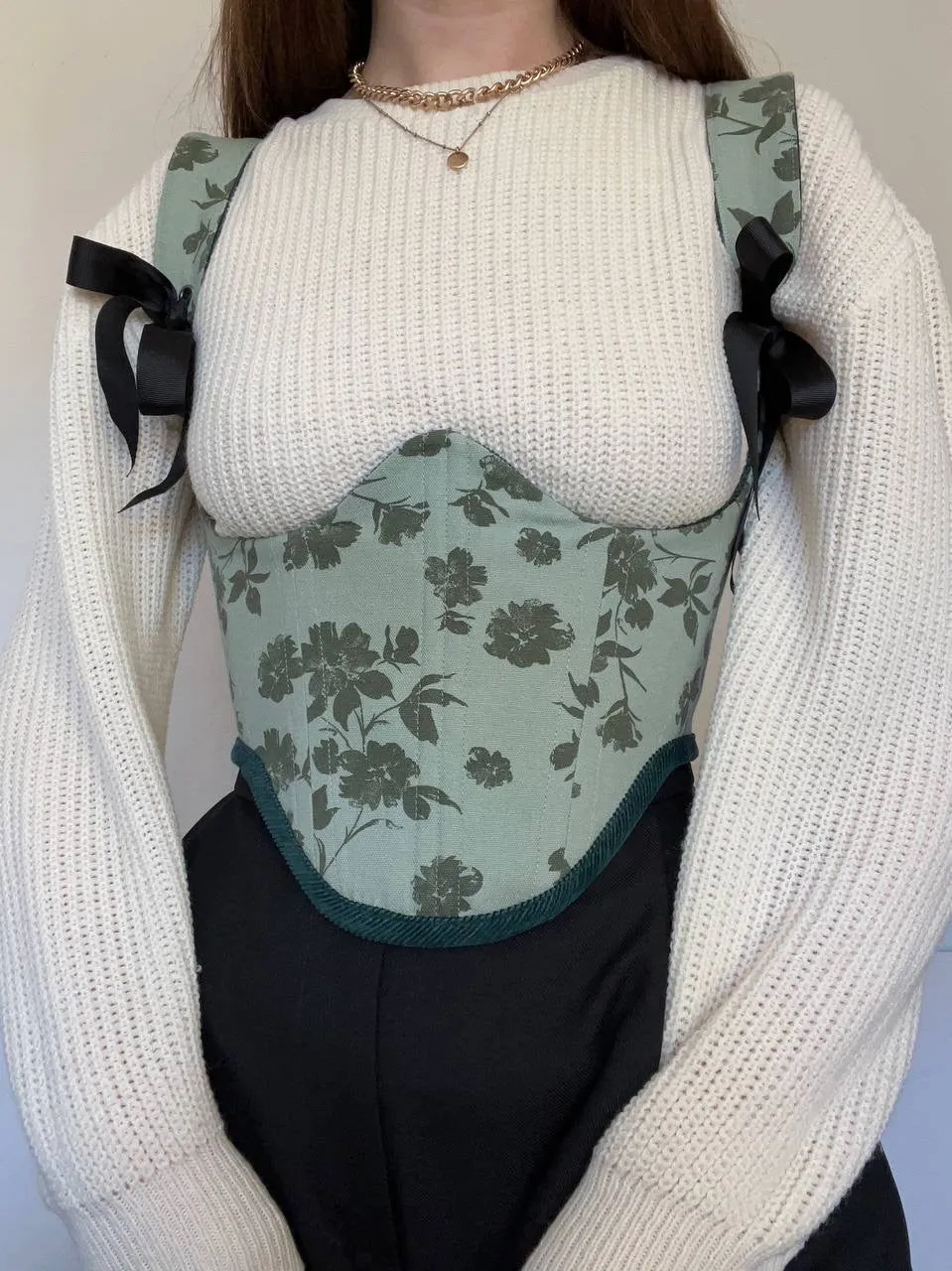 Reversable corduroy Pine green/floral underbust corsage  size S/M