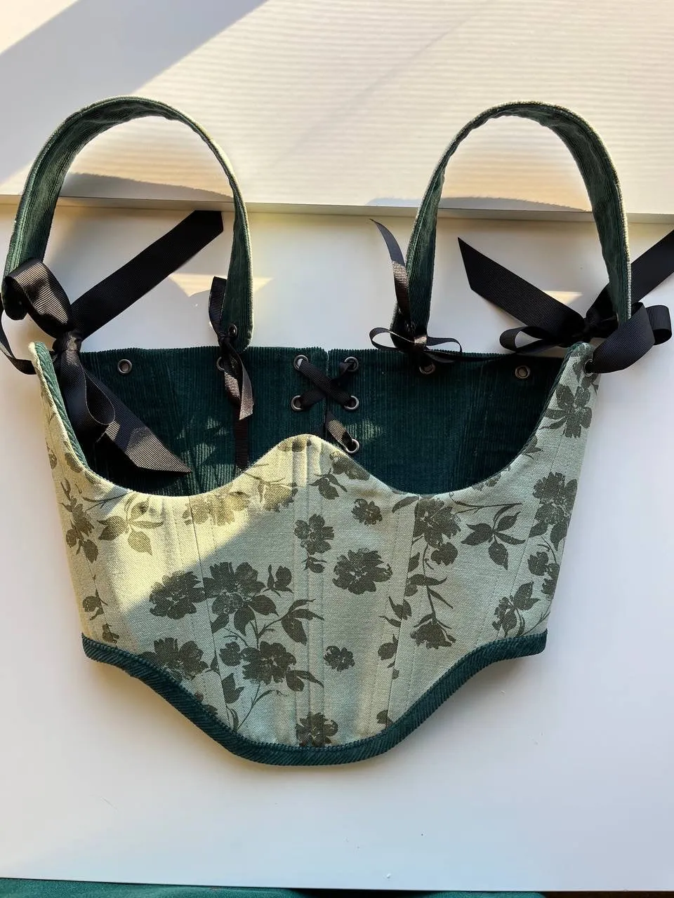 Reversable corduroy Pine green/floral underbust corsage  size S/M