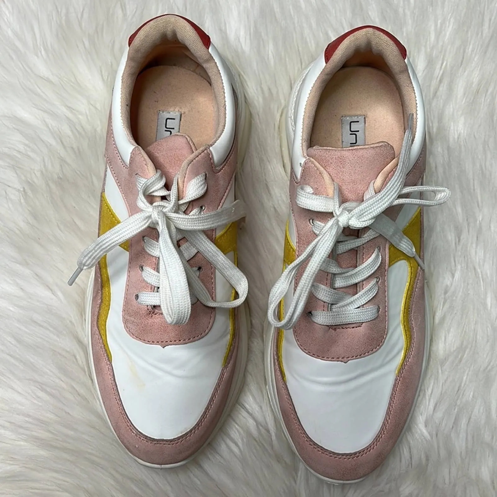 Sz 10 Unilady Pink White Yellow Color Block Platform Sneaker Tennis Shoes