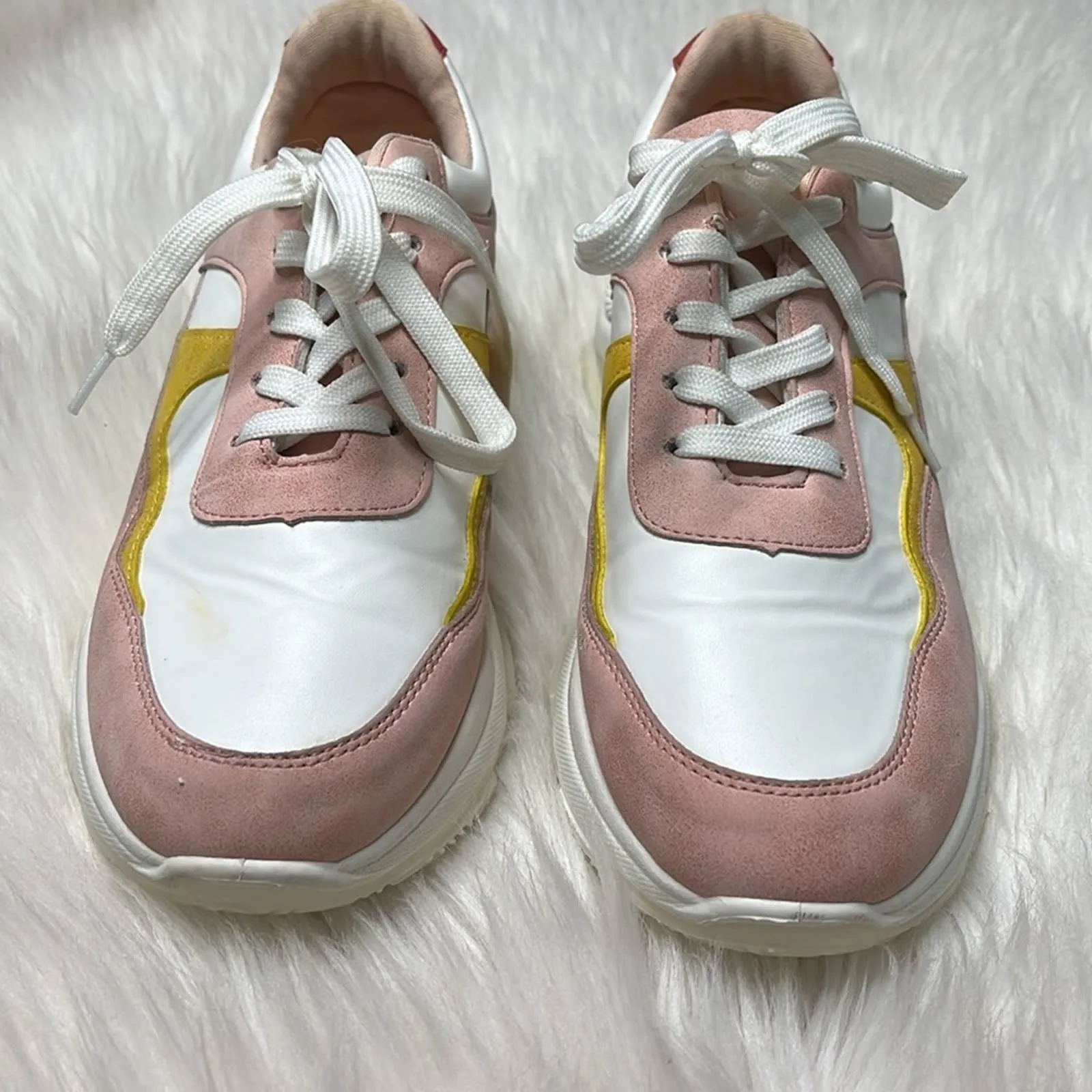 Sz 10 Unilady Pink White Yellow Color Block Platform Sneaker Tennis Shoes