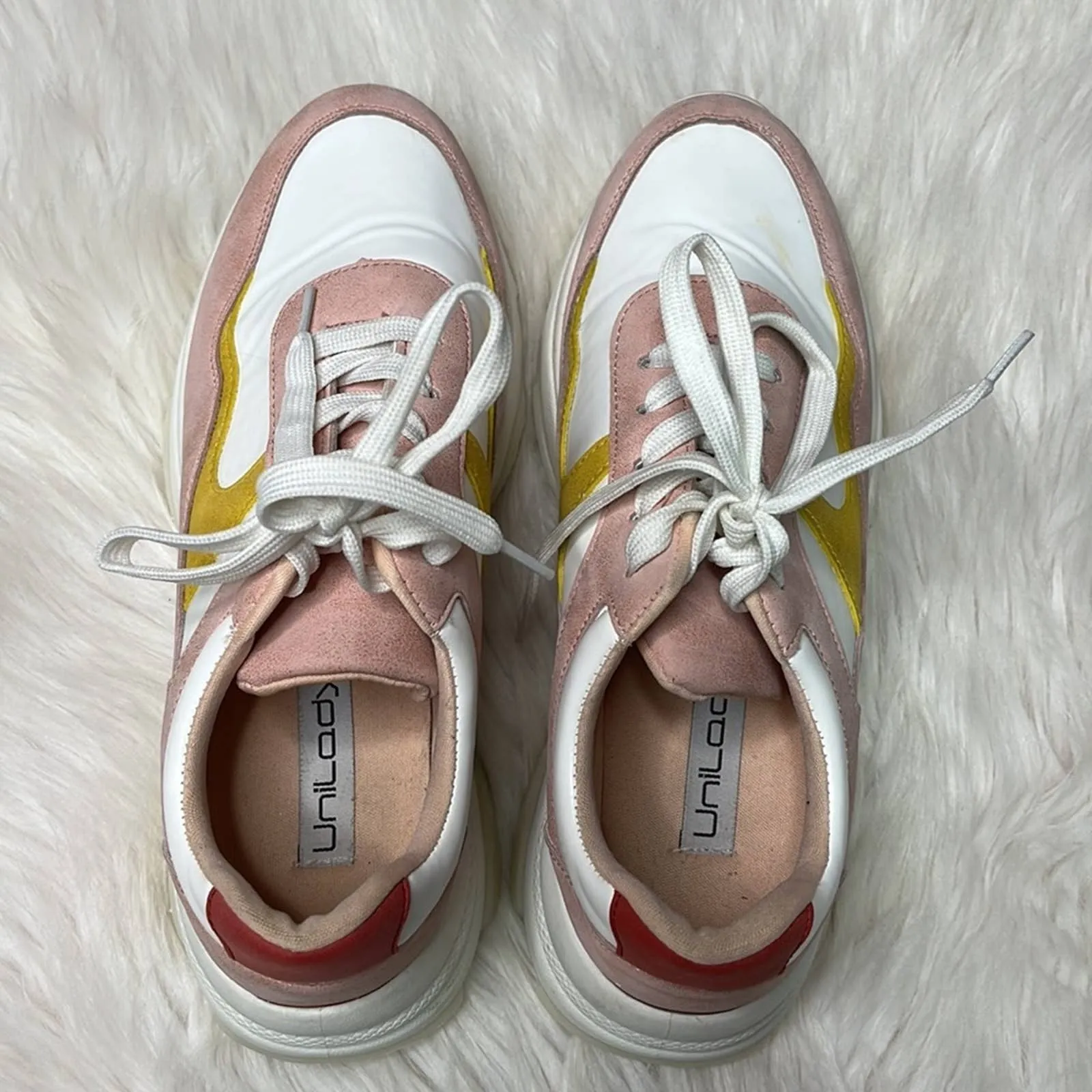 Sz 10 Unilady Pink White Yellow Color Block Platform Sneaker Tennis Shoes