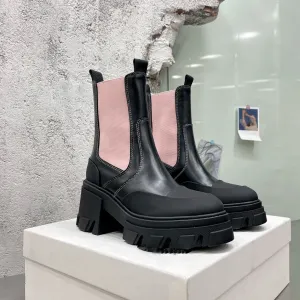 Thick Sole Hight Increasing Chelsea Boots Women Real Leather Mixed Colors Martin Boots Round Toe Elastic Band Ankle Boots