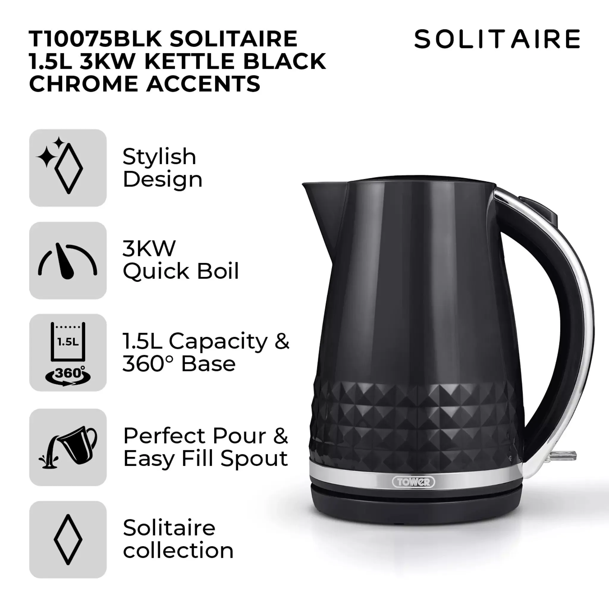 Tower Solitaire 1.5L 3KW Kettle - Black