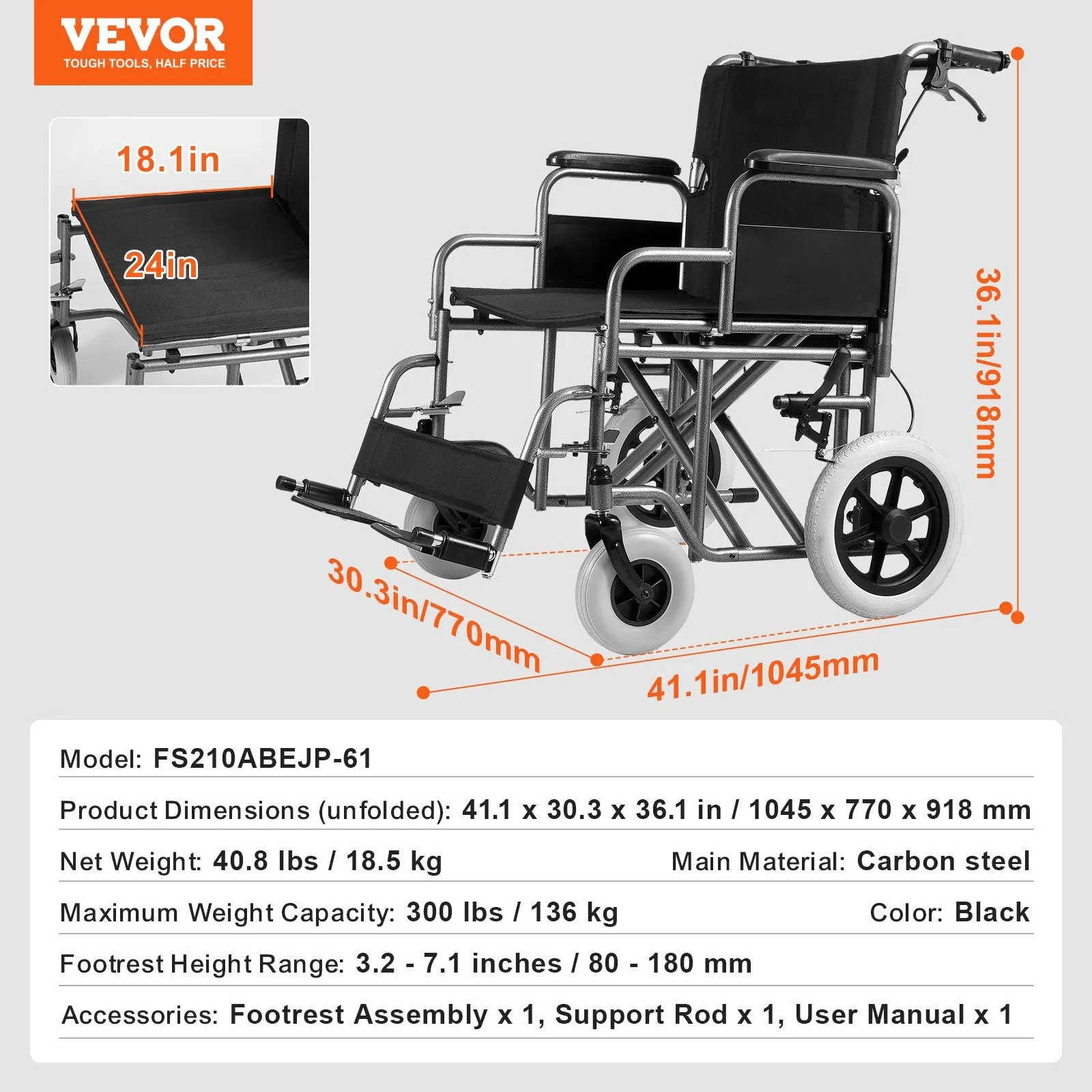 Vevor Wheelchair 24" Seat Width Foldable Carbon Steel Frame Flip-Up Armrests 300 Lbs Capacity New