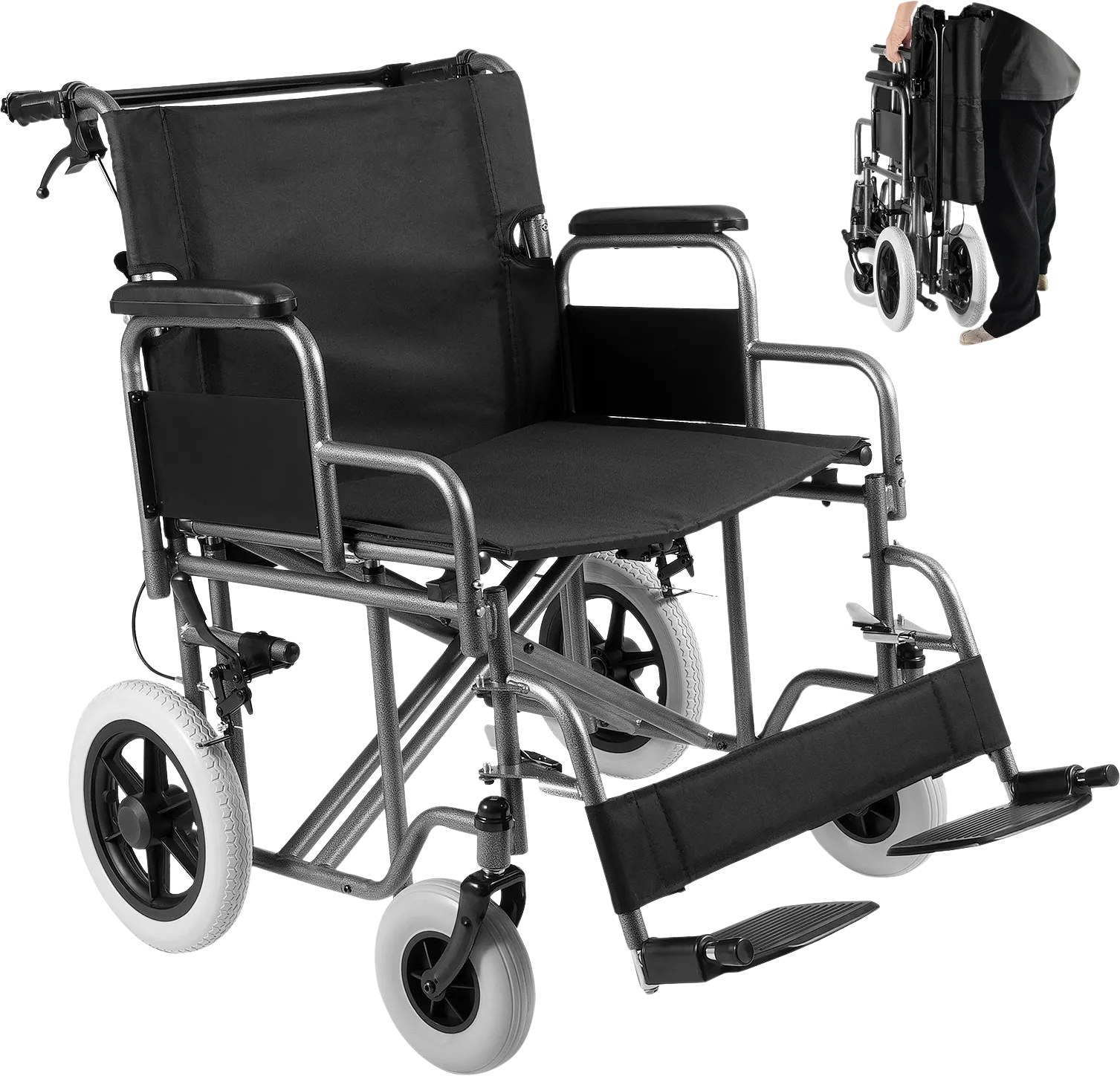 Vevor Wheelchair 24" Seat Width Foldable Carbon Steel Frame Flip-Up Armrests 300 Lbs Capacity New