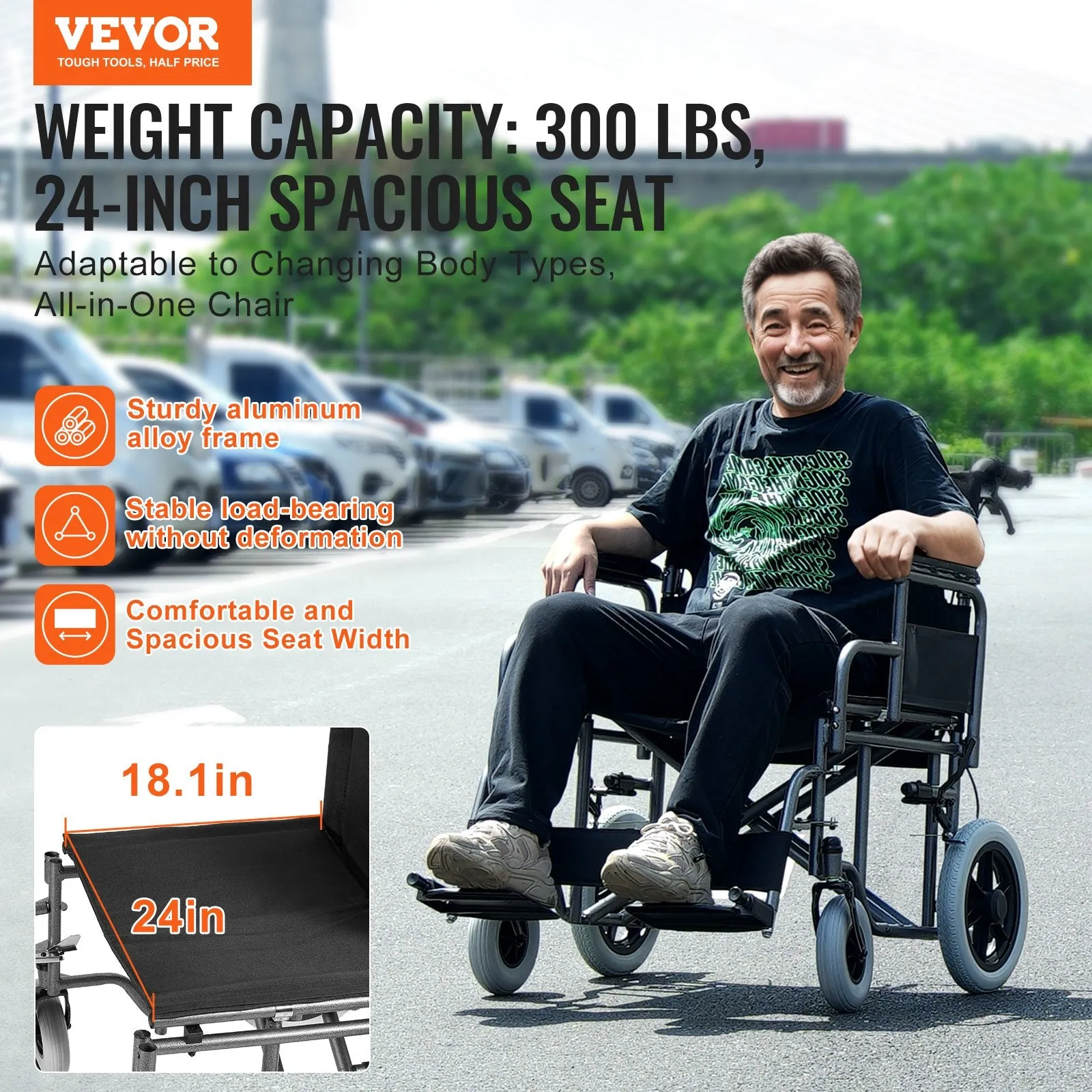 Vevor Wheelchair 24" Seat Width Foldable Carbon Steel Frame Flip-Up Armrests 300 Lbs Capacity New