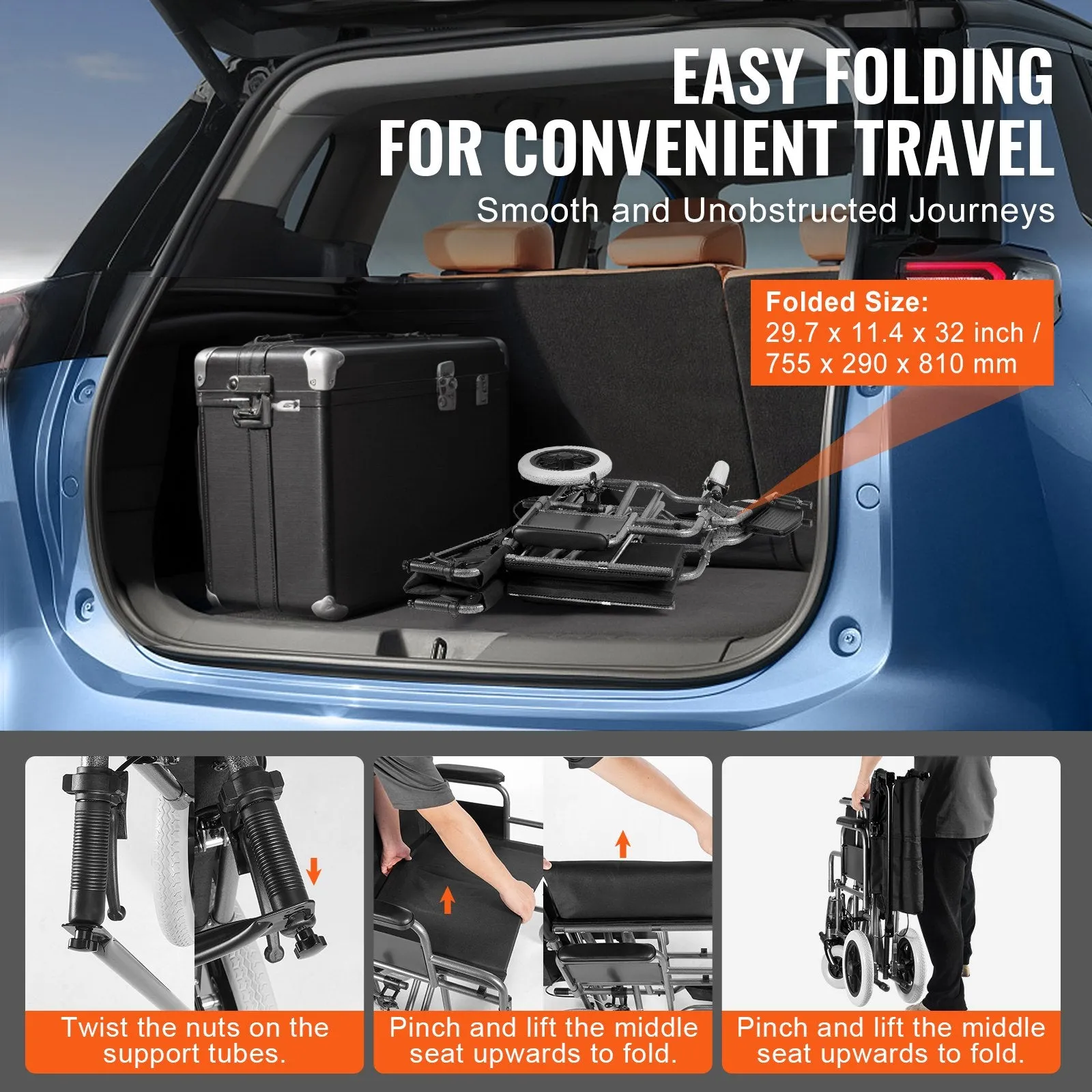 Vevor Wheelchair 24" Seat Width Foldable Carbon Steel Frame Flip-Up Armrests 300 Lbs Capacity New