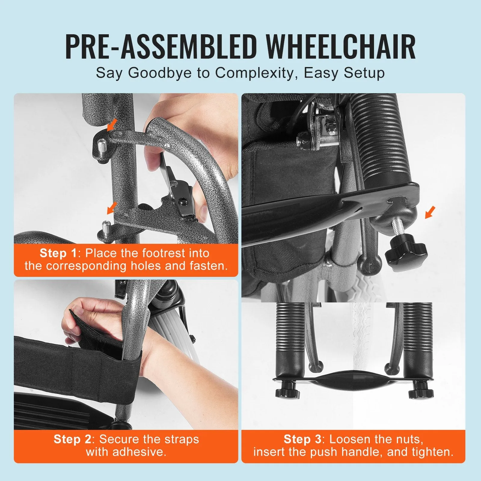 Vevor Wheelchair 24" Seat Width Foldable Carbon Steel Frame Flip-Up Armrests 300 Lbs Capacity New