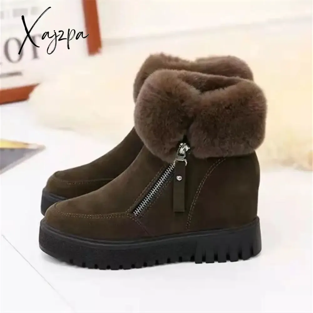 Xajzpa - Winter Waterproof Plush Fur Ankle Boots Women Fur Zipper Design Warm Snow Boots Non-slip Cotton Boots for Women Bota Feminina