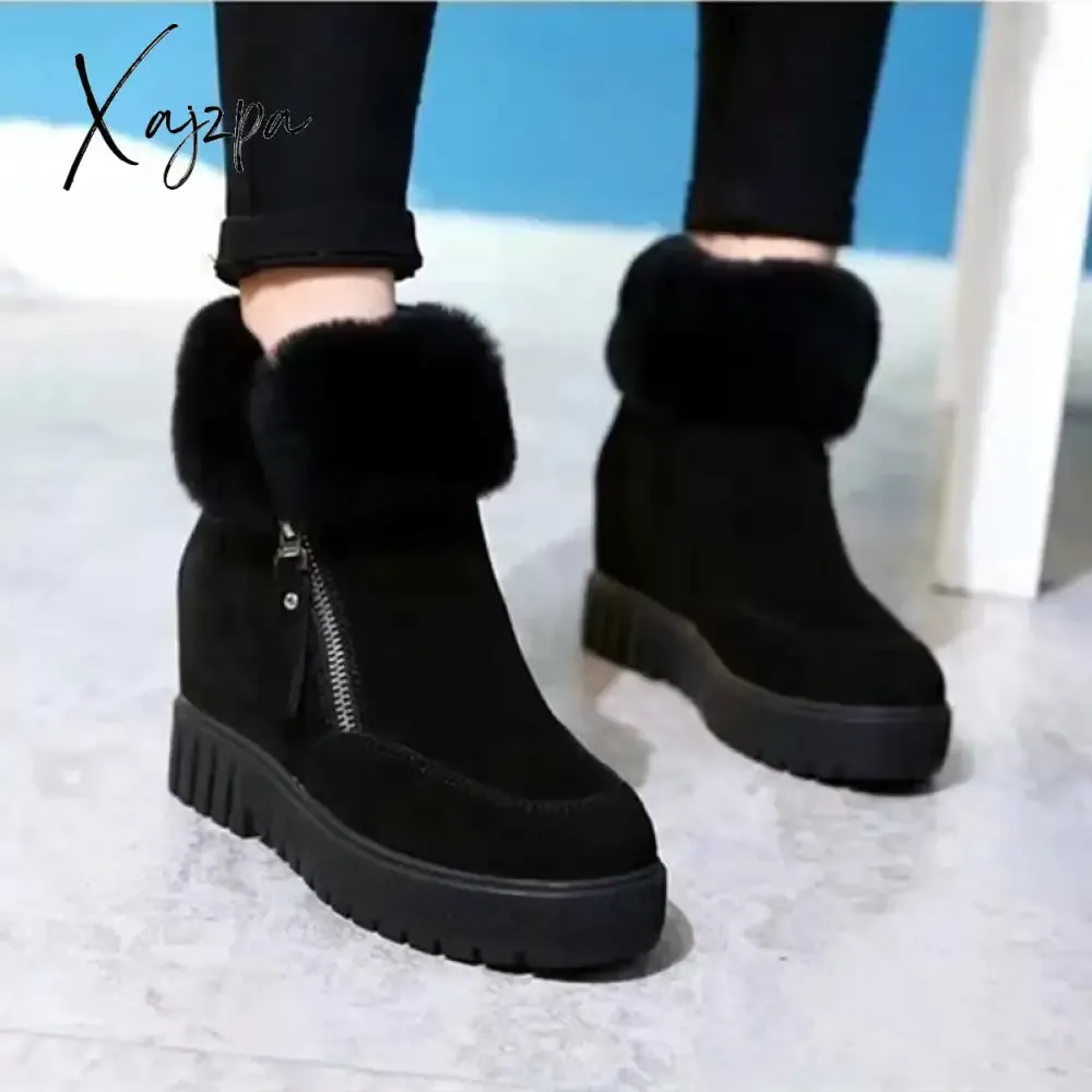 Xajzpa - Winter Waterproof Plush Fur Ankle Boots Women Fur Zipper Design Warm Snow Boots Non-slip Cotton Boots for Women Bota Feminina